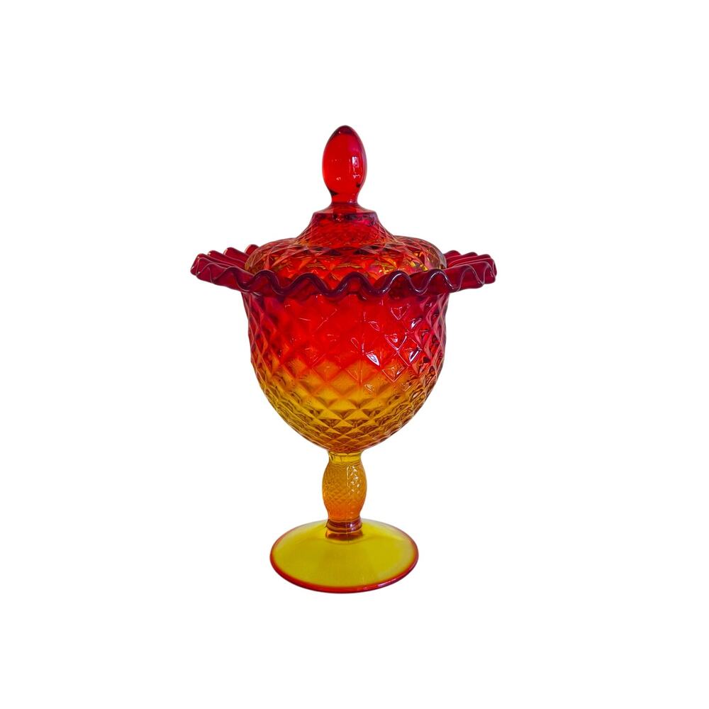 Vtg Viking Glass Yesteryear Amberina Candy Dish Bowl Pedestal Crimped Art Glass